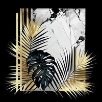 Golden palm leaves on white and black marble background, template, postcard - Vector