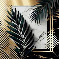 Golden palm leaves on white and black marble background, template, postcard - Vector