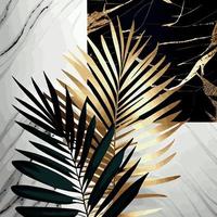 Golden palm leaves on white and black marble background, template, postcard - Vector