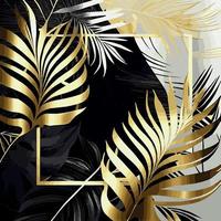 Golden palm leaves on white and black marble background, template, postcard - Vector