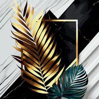 Golden palm leaves on white and black marble background, template, postcard - Vector