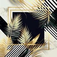 Golden palm leaves on white and black marble background, template, postcard - Vector