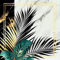 Golden palm leaves on white and black marble background, template, postcard - Vector