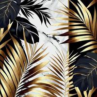 Golden palm leaves on white and black marble background, template, postcard - Vector