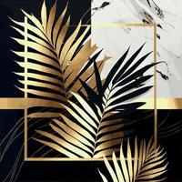 hojas de palma doradas sobre fondo de mármol blanco y negro, plantilla, postal - vector