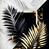 Golden palm leaves on white and black marble background, template, postcard - Vector