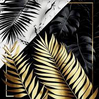 Golden palm leaves on white and black marble background, template, postcard - Vector