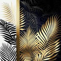 Golden palm leaves on white and black marble background, template, postcard - Vector