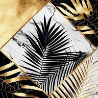 Golden palm leaves on white and black marble background, template, postcard - Vector