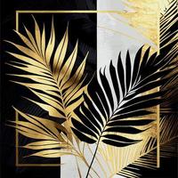 Golden palm leaves on white and black marble background, template, postcard - Vector