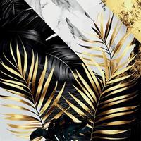 Golden palm leaves on white and black marble background, template, postcard - Vector