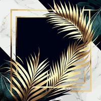 Golden palm leaves on white and black marble background, template, postcard - Vector