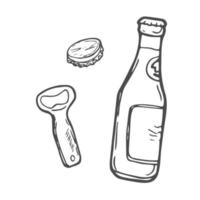 Set with a beer bottle and bottle opener hand-drawn in the style of doodle graphics vector