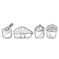 Hand drawn doodle set with sushi. Vector illustration for backgrounds, textile prints, menu, web and graphic design