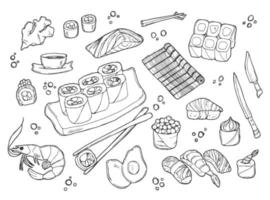 sushi y rollos en estilo garabato. platos de cocina tradicional japonesa - nigiri, temaki, tamago, sashimi, uramaki, futomaki. dibujo vectorial aislado en fondo blanco para el menú del restaurante asiático. vector