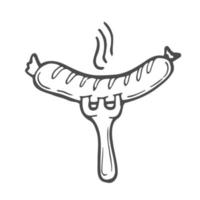 Vector illustration element with sausage on a fork in doodle style. Hand drawn food. Icon, symbol, logo. ingredient for cook.