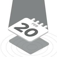 20 de febrero: calendario 3d en blanco y negro flotando con foco sobre fondo blanco vector