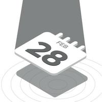 28 de febrero: calendario 3d en blanco y negro flotando con foco en fondo blanco vector