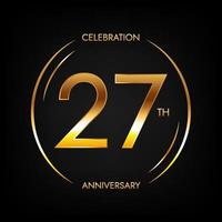 27th anniversary. Twenty-seven years birthday celebration banner in bright golden color. Circular logo with elegant number design. vector