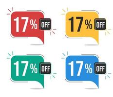 17 percent off. Red, yellow, green and blue tags with seventeen percent discount. Banner with four colorful balloons with special offers vector. vector