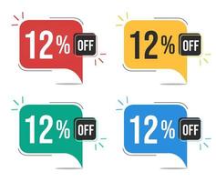 12 percent off. Red, yellow, green and blue tags with twelve percent discount. Banner with four colorful balloons with special offers vector. vector