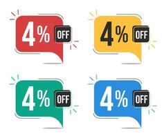 4 percent off. Red, yellow, green and blue tags with four percent discount. Banner with four colorful balloons with special offers vector. vector