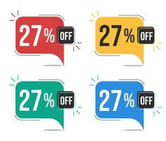 27 percent off. Red, yellow, green and blue tags with twenty-seven percent discount. Banner with four colorful balloons with special offers vector. vector