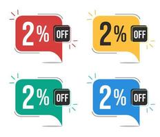 2 percent off. Red, yellow, green and blue tags with two percent discount. Banner with four colorful balloons with special offers vector. vector