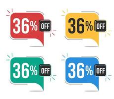 36 percent off. Red, yellow, green and blue tags with thirty-six percent discount. Banner with four colorful balloons with special offers vector. vector