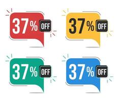 37 percent off. Red, yellow, green and blue tags with thirty-six percent discount. Banner with four colorful balloons with special offers vector