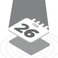 26 de febrero: calendario 3d en blanco y negro flotando con foco en fondo blanco vector