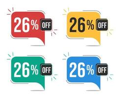 26 percent off. Red, yellow, green and blue tags with twenty-six percent discount. Banner with four colorful balloons with special offers vector. vector