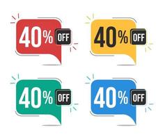 40 percent off. Red, yellow, green and blue tags with forty percent discount. Banner with four colorful balloons with special offers vector. vector