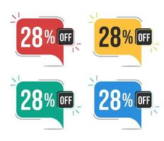 28 percent off. Red, yellow, green and blue tags with twenty-eight percent discount. Banner with four colorful balloons with special offers vector. vector