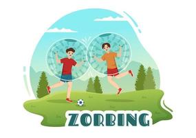 ilustración de zorbing con personas jugando burbujas en un campo verde o piscina para banner web o página de destino en plantillas planas dibujadas a mano de dibujos animados vector