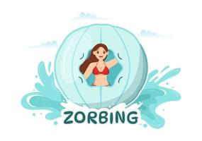 ilustración de zorbing con personas jugando burbujas en un campo verde o piscina para banner web o página de destino en plantillas planas dibujadas a mano de dibujos animados vector