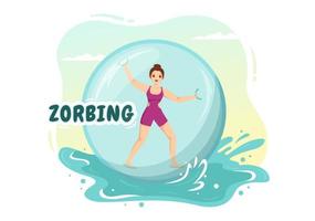 ilustración de zorbing con personas jugando burbujas en un campo verde o piscina para banner web o página de destino en plantillas planas dibujadas a mano de dibujos animados vector