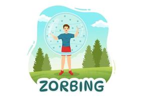 ilustración de zorbing con personas jugando burbujas en un campo verde o piscina para banner web o página de destino en plantillas planas dibujadas a mano de dibujos animados vector