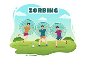 ilustración de zorbing con personas jugando burbujas en un campo verde o piscina para banner web o página de destino en plantillas planas dibujadas a mano de dibujos animados vector