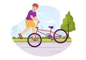 ilustración de deporte de bicicleta bmx con jóvenes en bicicleta para banner web o página de inicio en plantilla de fondo de dibujo a mano de dibujos animados plana vector