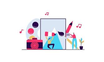 Arts vector illustration. Flat tiny music, literature and painting persons concept