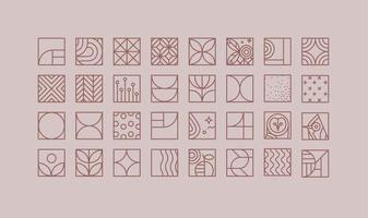 Set of creative modern art deco icons in flat line style drawing on purple background. vector