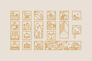 Set of creative modern art deco signs in flat line style drawing on beige background. vector