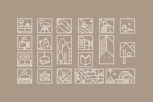 Set of creative modern art deco signs in flat line style drawing on coffee background. vector