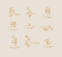 Set of creative modern art deco labels in flat line style drawing on beige background. vector