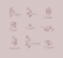 Set of creative modern art deco labels in flat line style drawing on purple background. vector