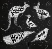 Pen hand drawing tangle wild animals duck, whale, bird, rabbit, kangaroo with inscription names of animals drawing with white ink on black background vector