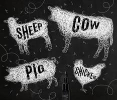 Pen hand drawing tangle wild animals chicken, cow, pig, sheep, with inscription names of animals drawing with white ink on black background vector