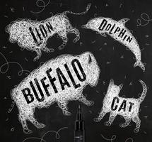 Pen hand drawing tangle wild animals buffalo, cat, dolphin, lion, with inscription names of animals drawing with white ink on black background vector