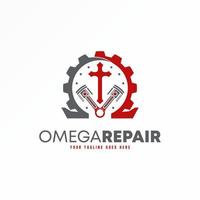 omega único, cruz cristiana, pistón y engranaje imagen icono gráfico diseño de logotipo concepto abstracto vector stock. se puede utilizar como un símbolo relacionado con el taller o la ciencia